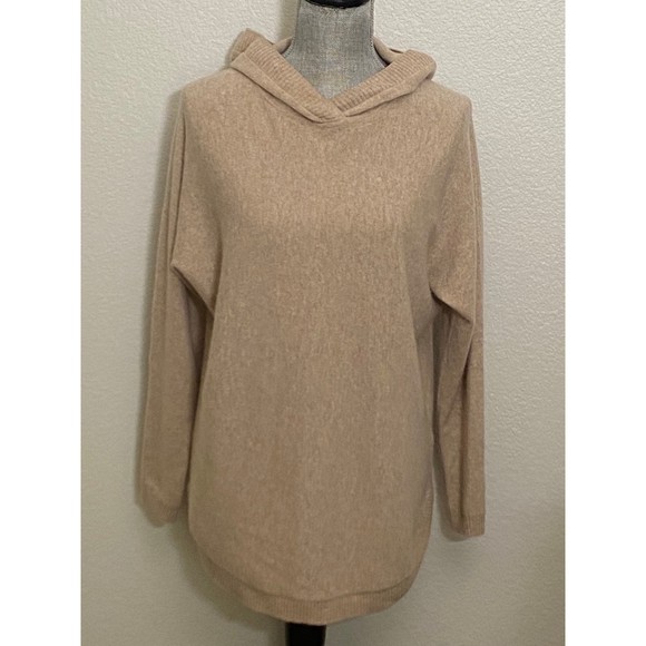Max Studio women Beige hissed 100% 2-Ply cashmere Hooded V neck sweater size M - Picture 1 of 12
